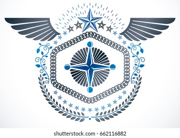 Vintage vector winged design element. Retro style label made with pentagonal stars and laurel wreath.