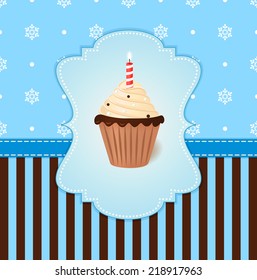 Vintage vector winter card with cream cake and candle. Blue snowflake background.