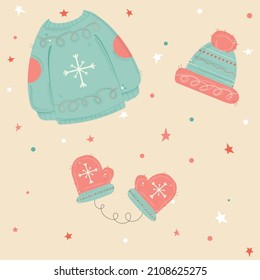 Vector Vintage Ropa de invierno Ropa de sudadera y guantes