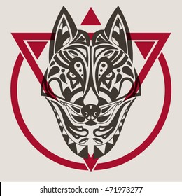 Vintage vector wolf or dog head with tribal ornaments. Traditional ethnic background, tattoo, African, Indian, Thai, Aztec, boho design. For print, posters, t-shirts, textiles, coloring book.