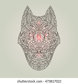 Vintage vector wolf or dog head with tribal ornaments. Traditional ethnic background, tattoo, African, Indian, Thai, Aztec, boho design. For print, posters, t-shirts, textiles, coloring book.