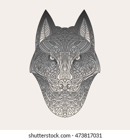 Vintage vector wolf or dog head with tribal ornaments. Traditional ethnic background, tattoo, African, Indian, Thai, Aztec, boho design. For print, posters, t-shirts, textiles, coloring book.