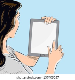 Vintage vector of woman touch to tablet pc, blank screen for advertising