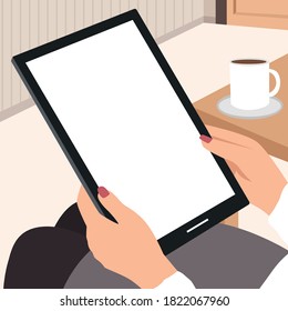 Vintage vector of woman touch to tablet pc, blank screen for advertising. inside a living room