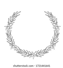 Vintage vector wreath. Black outline drawing of a circular frame made of leaves on a white background. Template for a greeting card or label with space for text.