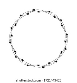 Vintage vector wreath. Black outline drawing of a round frame with stars on a white background. Template for a greeting card or label with space for text.