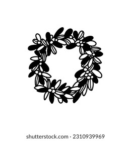 Vintage vector wreath. I Wish You A Very Merry Christmas And Happy New Year. The wreath of branches of different trees. Vectot outline illustration