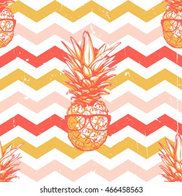 Vintage vector zig-zag seamless patternn - Pineapple in sunglasses