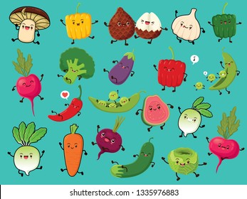 Vintage vegetable & fruit poster design set with vector mushroom, pepper, snake fruit, onion, radish, broccoli, egg plant, chili, pea, beetroot, carrot, cucumber, cabbage, apple guava characters.