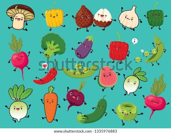 Vintage vegetable & fruit poster design\
set with vector mushroom, pepper, snake fruit, onion, radish,\
broccoli, egg plant, chili, pea, beetroot, carrot, cucumber,\
cabbage, apple guava\
characters.