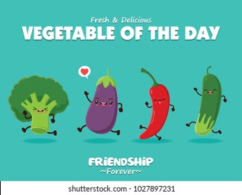 Vintage Vegetable Poster Design With Vector Broccoli, Egg Plant, Chili, Pea Characters.