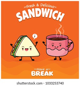 Vintage vegetable poster design with vector sandwich & coffee characters.