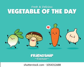 Vintage Vegetable Poster Design With Vector Radish, Mushroom, Carrot, Onion Characters.