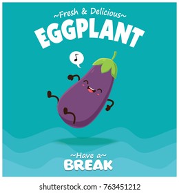 Vintage vegetable poster design with vector eggplant character.