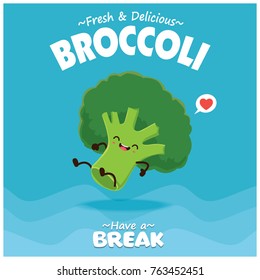 Vintage vegetable poster design with vector broccoli character.