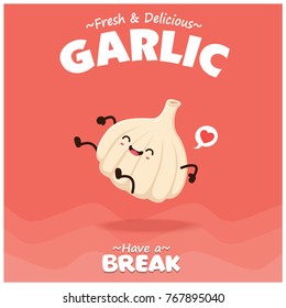 Vintage vegetable poster design with vector garlic character.