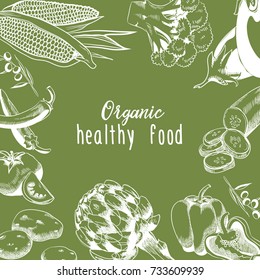 Vintage vegetables. Vector illustration of artichoke, cauliflower, potatoes, tomatoes, pepper, corn and olives. Organic healthy food
