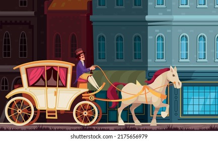 Vintage vehicle cartoon vector illustration with coachman on old victorian chariot driving white horse