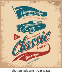 Vintage vehicle vector logo isolated on light background. Premium quality old classic car logotype tee-shirt emblem illustration. Los Angeles, California street wear superior retro tee print design.