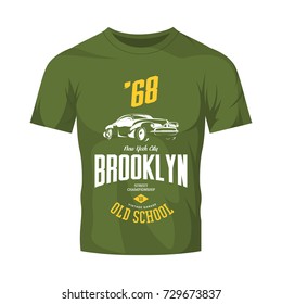 Vintage vehicle vector logo isolated on green t-shirt mock up. Premium quality old sport car logotype tee-shirt emblem illustration. Brooklyn, New York street wear superior retro tee print design.