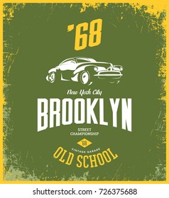 Vintage vehicle vector tee-shirt logo isolated on green background. Premium quality old sport car logotype t-shirt emblem illustration. Brooklyn, New York street wear superior retro tee print design.