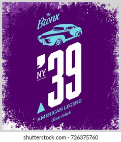 Vintage vehicle vector tee-shirt logo isolated on purple background. Premium quality old sport car logotype t-shirt emblem illustration. Bronx, New York street wear superior retro tee print design.