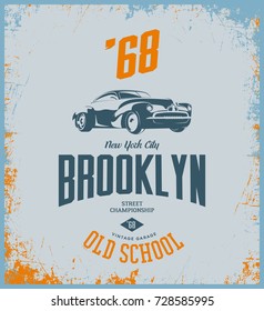 Vintage vehicle vector tee-shirt logo isolated on light background. Premium quality old sport car logotype t-shirt emblem illustration. Brooklyn, New York street wear superior retro tee print design.