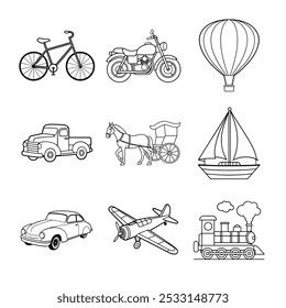 Vintage Vehicles Coloring Page Line Art Bundle with Classic Cars, Motorcycles, Steam Trains, and More