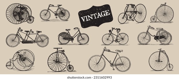 Vintage vehicles. Retro Bicycle Set. Tricycle Illustration. Ride Transportation. Travel Antique Transport. Retro Line Drawing. Engraving Old Transport. Travel concept. European city bike.