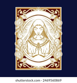Vintage Veil Nun Angel Woman Girl Lady Wing Pray with Frame Ornament Design Vector