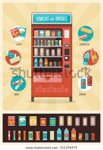 Vintage vending machine advertisement\
poster with snacks and drinks packaging\
set