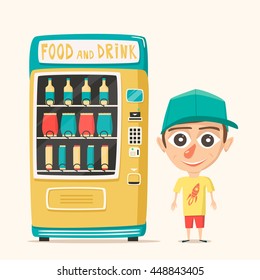 Vintage vending machine with drinks. Retro cartoon style. Vector illustration. Isolated background. Purchase of clean water. Drinking water