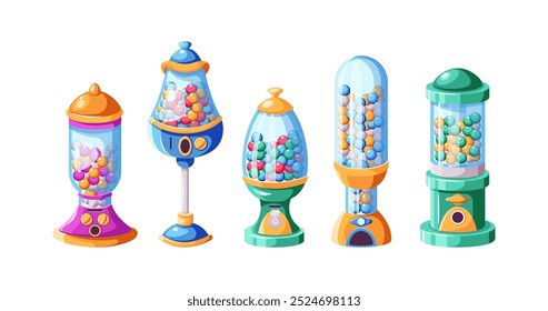 Máquinas expendedoras de Antiguas con caramelos coloridos conjunto de Ilustración vectorial de color plano. Dispensadores llenos de bombones de azúcar iconos creativos