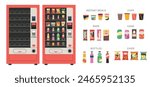 Vintage vending snack machine. Empty and full automatic seller of soda, sweets and chips, quick snack on go, product range, cups cans and bottles, chocolate bars and chips tidy vector set