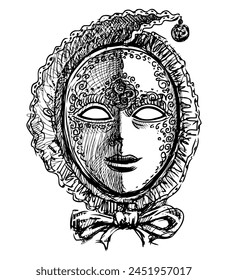 Vintage venetian carnival female mask, masquerade,face,black and white sketch,vector hand drawing isolated on white