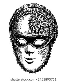 Vintage venetian carnival mask, masquerade,face,black and white sketch,vector hand drawing isolated on white