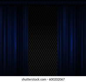 Vintage vertical blue curtain. Vector theatre curtain with transparent backdrop. Classic style for design