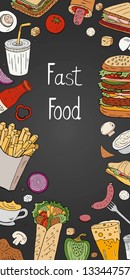 Vintage vertical fast food on black  background. Vector hand drawn street food banner for cafe menu