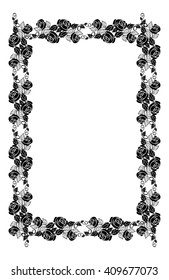 Vintage vertical floral frame with roses silhouette. Black and white vector design element for advertisements, flyer, web, wedding and other invitations or greeting cards.