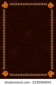 Vintage vertical frame A4 made with candy, childish pumpkin head. Dark red textured background with copy space. Halloween holiday decoration. Template for menu, poster, invitation