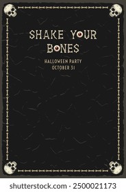 Vintage vertical frame made with half human skull, bones. Black textured background with copy space. For Halloween, Dia de los Muertos holiday decoration. Template for menu, poster, invitation