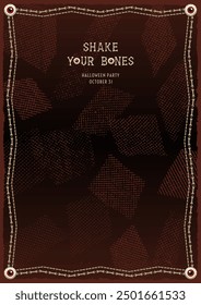 Vintage vertical frame made with red eye ball, bones. Dark red textured background with copy space. For Halloween, Dia de los Muertos holiday decoration. Template for menu, poster, invitation