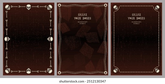 Vintage vertical frames made with skull, bones. Dar red textured background with copy space. For Halloween, Dia de los Muertos holiday decoration. Template for menu, poster, invitation. A4