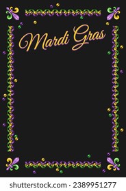 Vintage vertical rectangular frame made of spiral party streamers, ribbons, scattered beads, Fleur di Lis sign. For Mardi Gras holiday decoration. Template for menu, poster, invitation etc