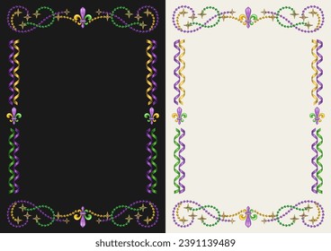 Vintage vertical rectangular frame made of spiral party streamers, ribbons, strings of beads, golden stars, Fleur de Lis sign. Fr Mardi Gras holiday decoration. Template for menu, poster, invitation