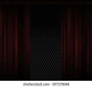 Vintage vertical red curtain. Vector theatre curtain with transparent backdrop. Classic style for design