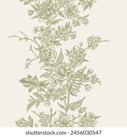 Vintage vertical seamless border. Cherry and kerry flowers. Green