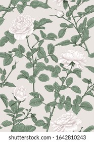 Vintage vertical seamless pattern with white roses. Floral vector illustration. Pastel background.
