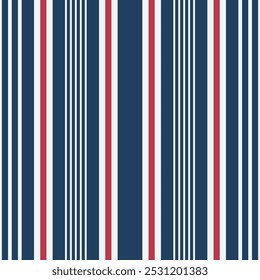 Vintage vertical ticking stripes navy red Vector Pattern. Retro style nautical navy blue, red, white striped seamless pattern.