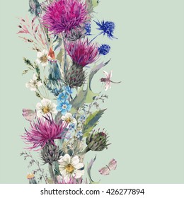 Vintage vertical watercolor herbal seamless border with Blooming Meadow Flowers-Thistles Dandelions Meadow Herbs, Chamomile and Dragonfly. Botanical Floral Vector Vintage Isolated Illustration on Mint